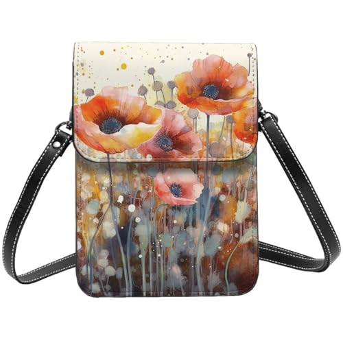 TRSGKSQP Kleine Umhängetasche aus Leder für Damen, Handygeldbörse, Handy-Geldbörse, Aquarell-rote Mohnblumen, Handytasche von TRSGKSQP