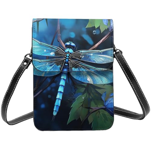 TRSGKSQP Kleine Umhängetasche aus Leder für Damen, Handygeldbörse, Handy-Geldbörse, Kunst, blaue Libellen-Handytasche von TRSGKSQP