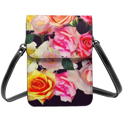 TRSGKSQP Kleine Umhängetasche aus Leder für Damen, Handygeldbörse, Handy-Geldbörse, Rosen, farbige Handytasche von TRSGKSQP