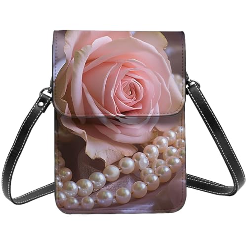 TRSGKSQP Kleine Umhängetasche aus Leder für Damen, Handygeldbörse, Handy-Geldbörse, Rosen- und Perlen-Handytasche von TRSGKSQP