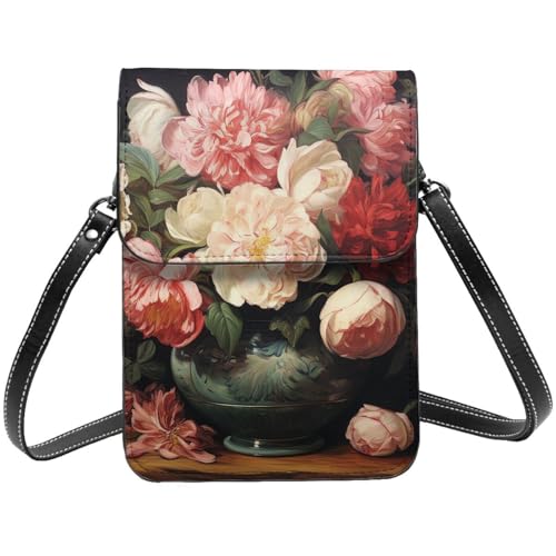 TRSGKSQP Kleine Umhängetasche aus Leder für Damen, Handygeldbörse, Handy-Geldbörse, Schale mit Pfingstrosen und Rose von TRSGKSQP