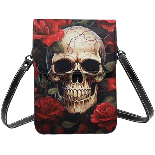 TRSGKSQP Kleine Umhängetasche aus Leder für Damen, Handygeldbörse, Handy-Geldbörse, Totenkopf, rosarote Handytasche von TRSGKSQP