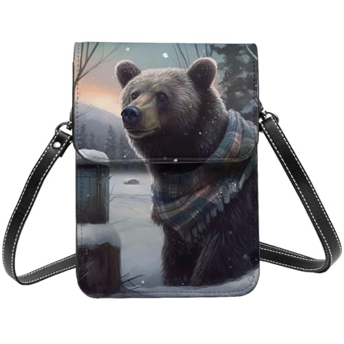 TRSGKSQP Kleine Umhängetasche aus Leder für Damen, Handygeldbörse, Handy-Geldbörse, Winterbär-Handytasche von TRSGKSQP