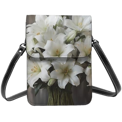 TRSGKSQP Kleine Umhängetasche aus Leder für Damen, Handygeldbörse, Handy-Geldbörse, weißer Lilienstrauß, Handytasche von TRSGKSQP