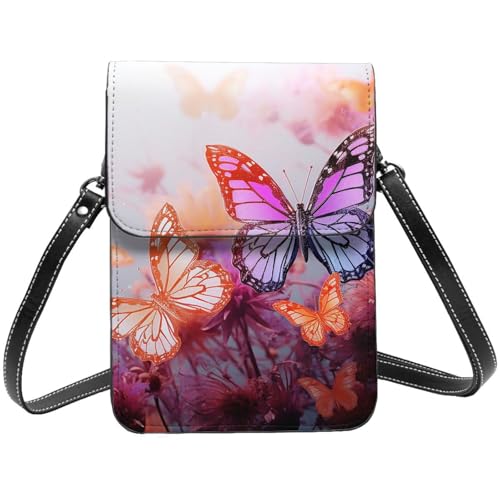 TRSGKSQP Kleine Umhängetasche aus Leder für Damen, Handytasche, Geldbörse, Farbe, Schmetterling, Blume, Handytasche von TRSGKSQP