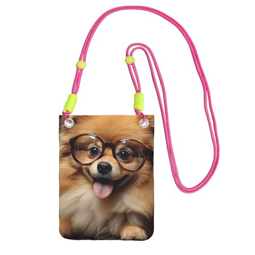 TRSGKSQP Kleine Umhängetasche für Damen, Handy-Geldbörse, Mini-Handygeldbörse, Zwergspitz, mit Brille, Handytasche, Fuchusia, Einheitsgröße von TRSGKSQP