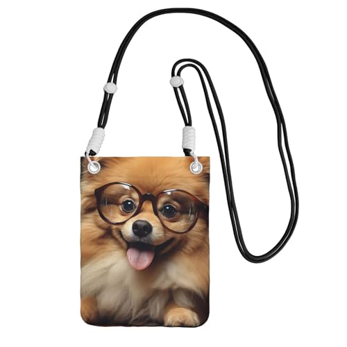 TRSGKSQP Kleine Umhängetasche für Damen, Handy-Geldbörse, Mini-Handygeldbörse, Zwergspitz, mit Brille, Handytasche, Schwarz , Einheitsgröße von TRSGKSQP