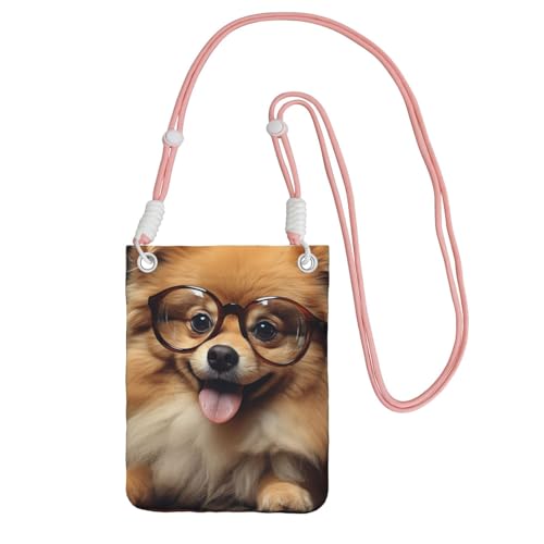 TRSGKSQP Kleine Umhängetasche für Damen, Handy-Geldbörse, Mini-Handygeldbörse, Zwergspitz, mit Brille, Handytasche, rose, Einheitsgröße von TRSGKSQP