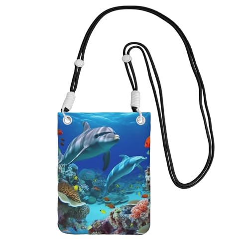 TRSGKSQP Kleine Umhängetasche für Damen, Handy-Geldbörse, Mini-Handytasche, Meeresboden, Koralle, Fische, Delfine, Handytasche, Schwarz , Einheitsgröße von TRSGKSQP