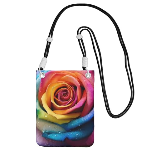 TRSGKSQP Kleine Umhängetasche für Damen, Handy-Geldbörse, Mini-Handytasche, Regenbogen-Rose, Blumen-Handytasche, Schwarz , Einheitsgröße von TRSGKSQP