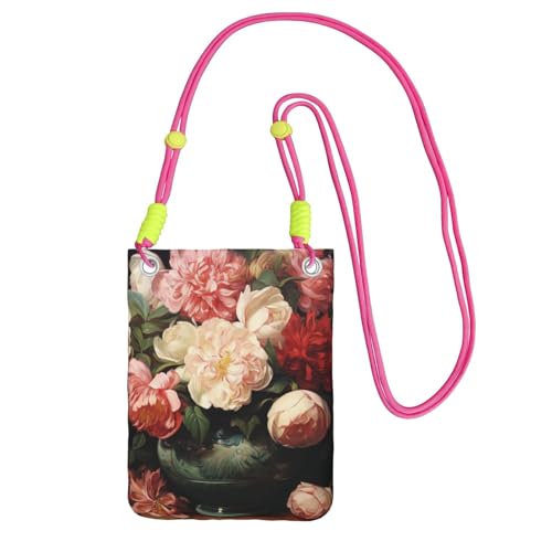 TRSGKSQP Kleine Umhängetasche für Damen, Handy-Geldbörse, Mini-Handytasche, Schale mit Pfingstrosen und Rose, Fuchusia, Einheitsgröße von TRSGKSQP