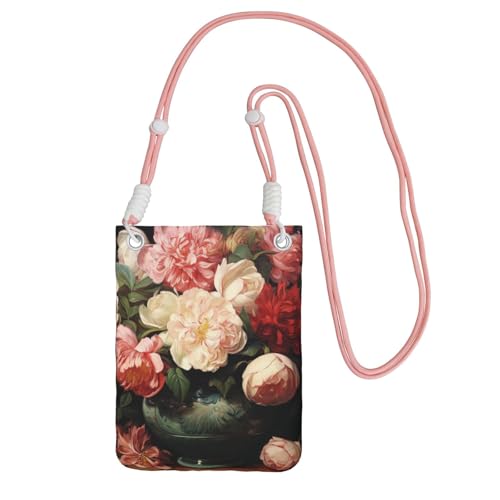 TRSGKSQP Kleine Umhängetasche für Damen, Handy-Geldbörse, Mini-Handytasche, Schale mit Pfingstrosen und Rose, rose, Einheitsgröße von TRSGKSQP