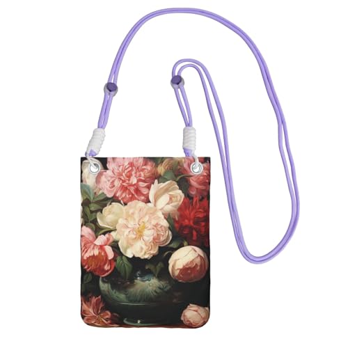TRSGKSQP Kleine Umhängetasche für Damen, Handy-Geldbörse, Mini-Handytasche, Schale mit Pfingstrosen und Rose, violett, Einheitsgröße von TRSGKSQP