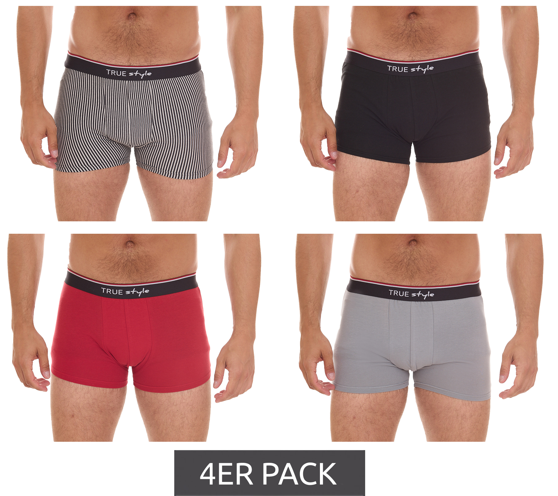 4er Pack TRUE style Herren Baumwoll-Boxershorts Retro-Shorts 8893024 Schwarz/Grau/Rot/Weiß gestreift von TRUE style