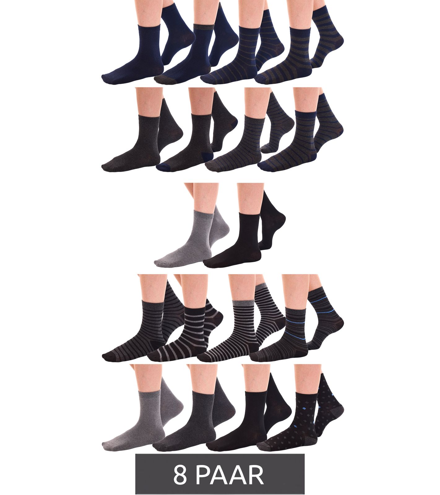 8 Paar TRUE style Baumwoll-Strümpfe mit Komfortbund nachhaltige Business-Socken im Crew-Style Schwarz/Grau Uni, Schwarz/Grau Bunt oder Navy/Grau von TRUE style