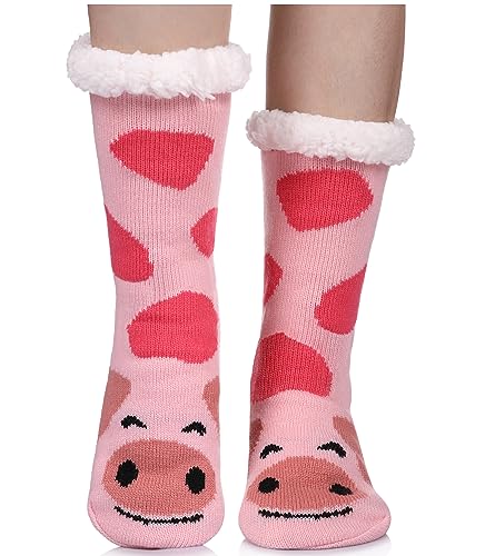 TRUEHAN Hausschuhsocken für Damen, Winter, weich, dick, gemütlich, Fleece, gefüttert, mit Greifern, rutschfest, flauschig, für Zuhause, Rosa, Schwein, Einheitsgröße von TRUEHAN