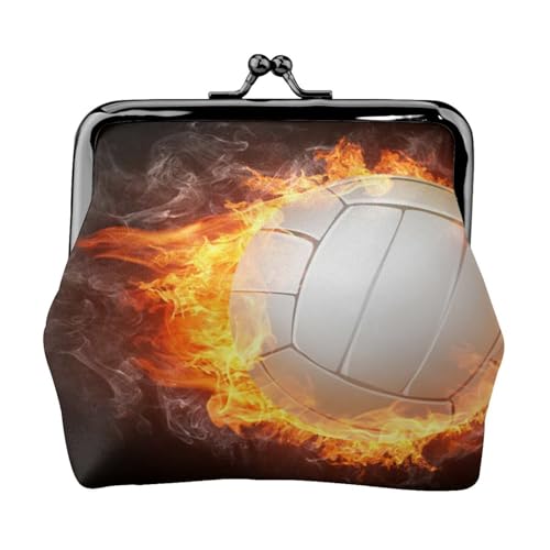 Cooler Feuer-Flammen-Volleyballball, Leder-Geldbörsen, Geldbörsen, Leder-Wechseltasche mit Kussverschluss-Schnalle von TRUIGYN