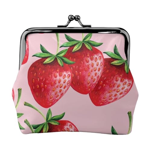 Erdbeeren mit rosa Hintergrund, Leder-Geldbörsen, Geldbörsen, Leder-Wechseltasche mit Kussverschluss-Schnalle von TRUIGYN