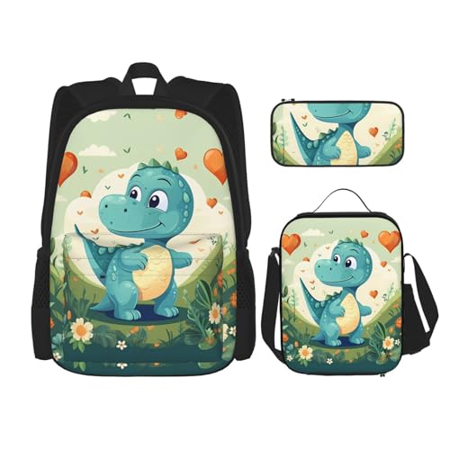 Rucksack für Studenten, Mr. Dancing Tiger Tasche für Schule, Jungen, Mädchen, Tagesrucksack, Federmäppchen, Lunch-Tasche, Kombination, Kleiner Dinosaurier in grünem Gras, Einheitsgröße, Tagesrucksack von TRUKD