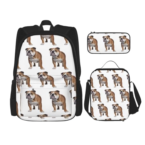 TRUKD Rucksack für Schüler, Französische Bulldogge für Schule, Jungen, Mädchen, Tagesrucksack, Federmäppchen, Lunch-Tasche, Kombination, Englische Bulldogge, Einheitsgröße, Tagesrucksack von TRUKD