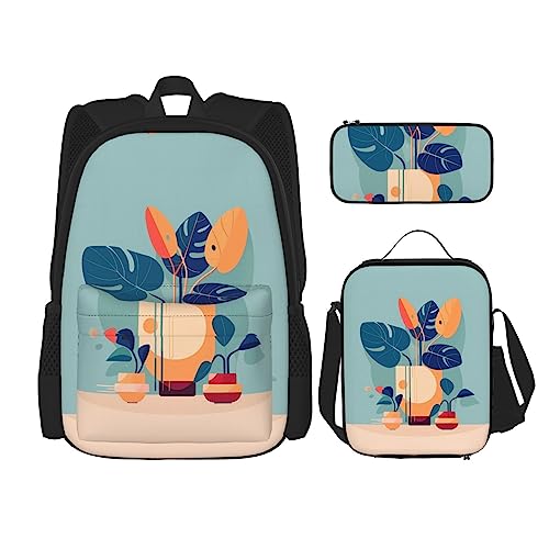 TRUKD Rucksack für Studenten, Cartoon-Pfingstrosen, Blumentasche für Schule, Jungen, Mädchen, Tagesrucksack, Federmäppchen, Lunch-Tasche, Kombination, Blau-orangefarbener Turtleback aus Bambus, von TRUKD