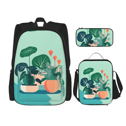 TRUKD Rucksack für Studenten, Cartoon-Pfingstrosen, Blumentasche für Schule, Jungen, Mädchen, Tagesrucksack, Federmäppchen, Lunch-Tasche, Kombination, Grünpflanzen für den Innenbereich, Einheitsgröße, von TRUKD