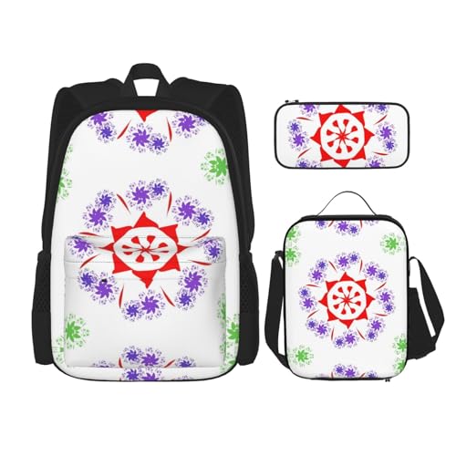 TRUKD Rucksack für Studenten, Fantasy-Cartoon-Hundetasche für Schule, Jungen, Mädchen, Tagesrucksack, Federmäppchen, Lunch-Tasche, Kombination, Rotierende lila Blumen, Einheitsgröße, Tagesrucksack von TRUKD