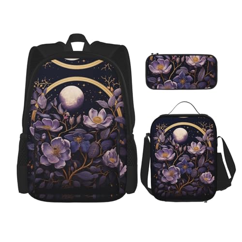 TRUKD Rucksack für Studenten, Faultiere mit Blumen für Schule, Jungen, Mädchen, Tagesrucksack, Federmäppchen, Lunch-Tasche, Kombination, Lila Blumen im Mondlicht, Einheitsgröße, Tagesrucksack von TRUKD