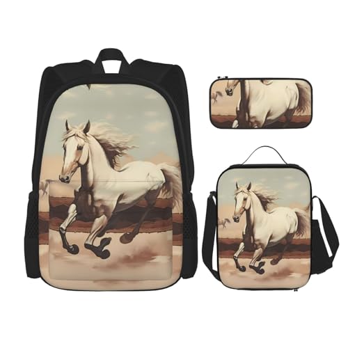 TRUKD Rucksack für Studenten, Hahn, in vielen Farben, Tasche für Schule, Jungen, Mädchen, Tagesrucksack, Federmäppchen, Lunch-Tasche, Kombination, Prancing White Horse, Einheitsgröße, Tagesrucksack von TRUKD