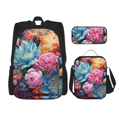 TRUKD Rucksack für Studenten, Libellen-rosa Blütenblätter, Tasche für Schule, Jungen, Mädchen, Tagesrucksack, Federmäppchen, Lunch-Tasche, Kombination, Bunte Blumen, Einheitsgröße, Tagesrucksack von TRUKD