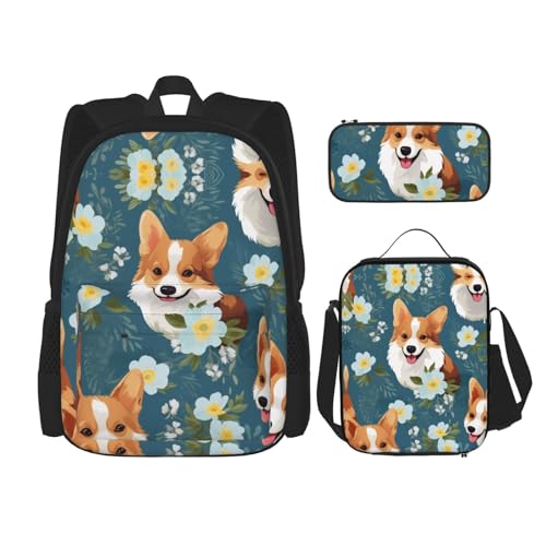 TRUKD Rucksack für Studenten, Libellen-rosa Blütenblätter, Tasche für Schule, Jungen, Mädchen, Tagesrucksack, Federmäppchen, Lunch-Tasche, Kombination, Corgi auf blauem Hintergrund, Einheitsgröße, von TRUKD