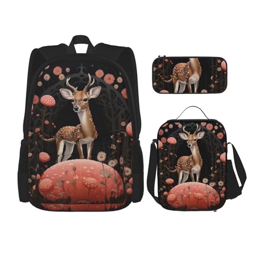 TRUKD Rucksack für Studenten, Libellen-rosa Blütenblätter, Tasche für Schule, Jungen, Mädchen, Tagesrucksack, Federmäppchen, Lunch-Tasche, Kombination, Deer in the Mushroom Patch, Einheitsgröße, von TRUKD