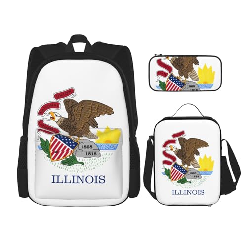 TRUKD Rucksack für Studenten, Maine State Flagge, Tasche für Schule, Jungen, Mädchen, Tagesrucksack, Federmäppchen, Lunch-Tasche, Kombination, Flagge des Bundesstaates Illinois, Einheitsgröße, von TRUKD