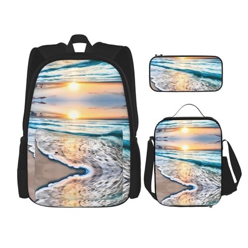 TRUKD Rucksack für Studenten, Mikrofon mit Musiknoten-Tasche für Schule, Jungen, Mädchen, Tagesrucksack, Federmäppchen, Lunch-Tasche, Kombination, Beach Sunset Ocean, Einheitsgröße, Tagesrucksack von TRUKD