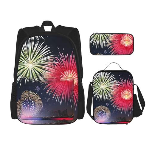 TRUKD Rucksack für Studenten, Nussfressende Eichhörnchen-Tasche für Schule, Jungen, Mädchen, Tagesrucksack, Federmäppchen, Lunch-Tasche, Kombination, Splendid Fireworks, Einheitsgröße, Tagesrucksack von TRUKD