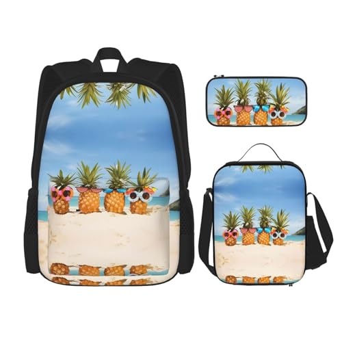 TRUKD Rucksack für Studenten, Ozean, Strand, Ananas-Tasche für Schule, Jungen, Mädchen, Tagesrucksack, Federmäppchen, Lunch-Tasche, Kombination, Ocean Beach Ananas, Einheitsgröße, Tagesrucksack von TRUKD