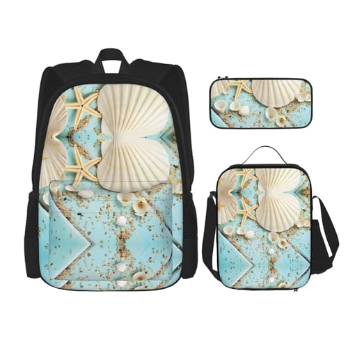 TRUKD Rucksack für Studenten, Raumschifftasche für Schule, Jungen, Mädchen, Tagesrucksack, Federmäppchen, Lunch-Tasche, Kombination, Ocean Sea Beach Muscheln Seestern Blau, Einheitsgröße, von TRUKD