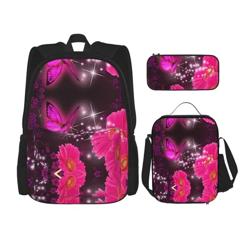 TRUKD Rucksack für Studenten, Retro-Stil, Eichenholz, Wandtasche für Schule, Jungen, Mädchen, Tagesrucksack, Federmäppchen, Lunch-Tasche, Kombination, Pink Flower Purple Butterfly, Einheitsgröße, von TRUKD