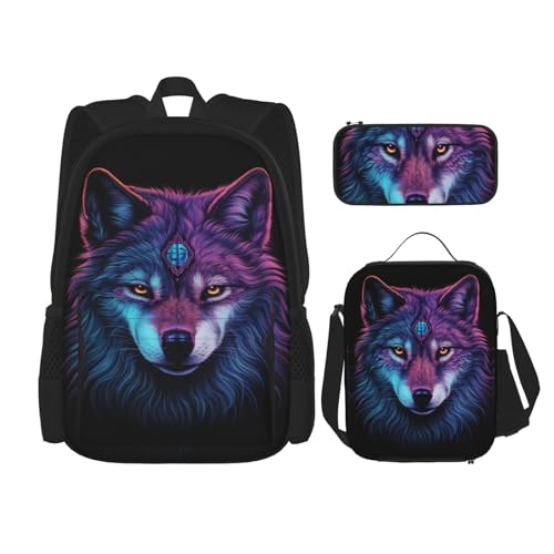 TRUKD Rucksack für Studenten, Rosette, Eulentasche für Schule, Jungen, Mädchen, Tagesrucksack, Federmäppchen, Lunch-Tasche, Kombination, Neonwolf mit violettem Kopf, Einheitsgröße, Tagesrucksack von TRUKD