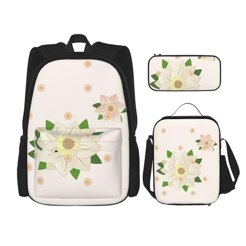 TRUKD Rucksack für Studenten, Sonnenblumenkerne und Katzen, Tasche für Schule, Jungen, Mädchen, Tagesrucksack, Federmäppchen, Lunch-Tasche, Kombination, Blooming Hexagonal White, Einheitsgröße, von TRUKD