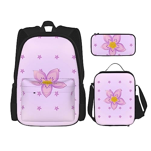 TRUKD Rucksack für Studenten, Sonnenblumenkerne und Katzen, Tasche für Schule, Jungen, Mädchen, Tagesrucksack, Federmäppchen, Lunch-Tasche, Kombination, Lila Blumen mit fünf Blütenblättern, von TRUKD