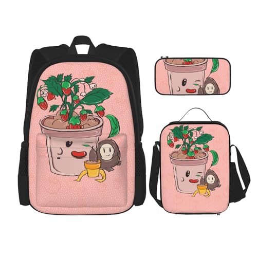 TRUKD Rucksack für Studenten, Sonnenblumenkerne und Katzen, Tasche für Schule, Jungen, Mädchen, Tagesrucksack, Federmäppchen, Lunch-Tasche, Kombination, Sonnenblumenkerne und Erdbeeren, Einheitsgröße, von TRUKD