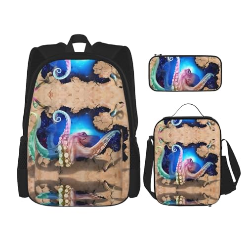 TRUKD Rucksack für Studenten, Terrazzo-Marmor-Pastell-Tasche für Schule, Jungen, Mädchen, Tagesrucksack, Federmäppchen, Lunch-Tasche, Kombination, Oktopus, Einheitsgröße, Tagesrucksack von TRUKD