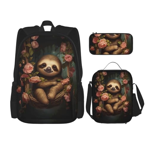 TRUKD Rucksack für Studenten, Tyrannosaurus Bad Boy, Tasche für Schule, Jungen, Mädchen, Tagesrucksack, Federmäppchen, Lunch-Tasche, Kombination, Faultier umgeben von Rosen, Einheitsgröße, von TRUKD