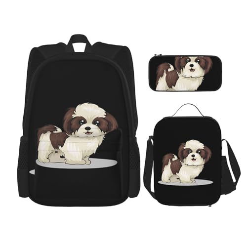 TRUKD Rucksack für Studenten, Vintage-Stil, tolle ägyptische Pyramiden-Tasche für Schule, Jungen, Mädchen, Tagesrucksack, Federmäppchen, Lunch-Tasche, Kombination, Shih Tzu Hund, Einheitsgröße, von TRUKD