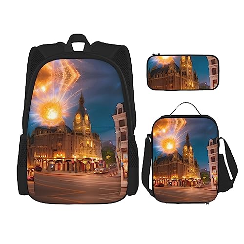 TRUKD Rucksack für Studenten, Wassermondhöhle, Tasche für Jungen, Mädchen, Federmäppchen, Lunchtasche, Kinder, 3-in-1 Büchertaschen, Schultaschen-Set, Fiery Red Street, Einheitsgröße, Tagesrucksack von TRUKD