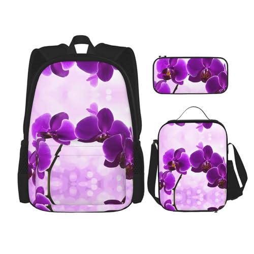 TRUKD Rucksack für Studenten, Weinflaschenverschluss mit Vintage-Tasche für Schule, Jungen, Mädchen, Tagesrucksack, Federmäppchen, Lunch-Tasche, Kombination, Violette Blume, Einheitsgröße, von TRUKD