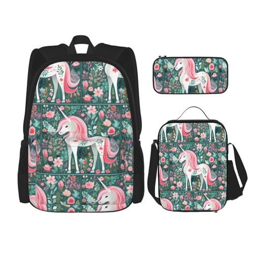 TRUKD Rucksack für Studenten, Westernpferd-Tasche für Schule, Jungen, Mädchen, Tagesrucksack, Federmäppchen, Lunch-Tasche, Kombination, Einhorn mit rosa Haaren, Einheitsgröße, Tagesrucksack von TRUKD