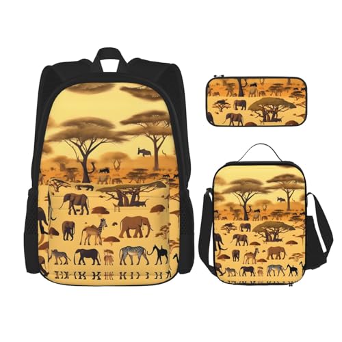 TRUKD Rucksack für Studenten, afrikanische Graslandtiere, Tasche für Schule, Jungen, Mädchen, Tagesrucksack, Federmäppchen, Lunch-Tasche, Kombination, Afrikanische Graslandtiere, Einheitsgröße, von TRUKD