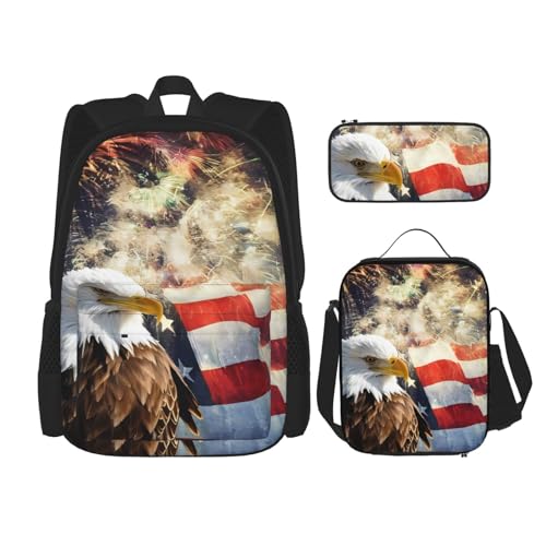 TRUKD Rucksack für Studenten, blaue Galaxie-Tasche für Schule, Jungen, Mädchen, Tagesrucksack, Federmäppchen, Lunch-Tasche, Kombination, American Flag Fire Eagle, Einheitsgröße, Tagesrucksack von TRUKD